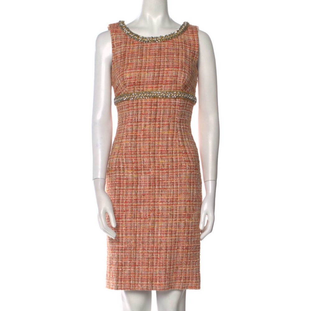 Dolce & Gabbana Coral Tweed Sheath Dress Jeweled Neckline & Waist SZ 40 US 4